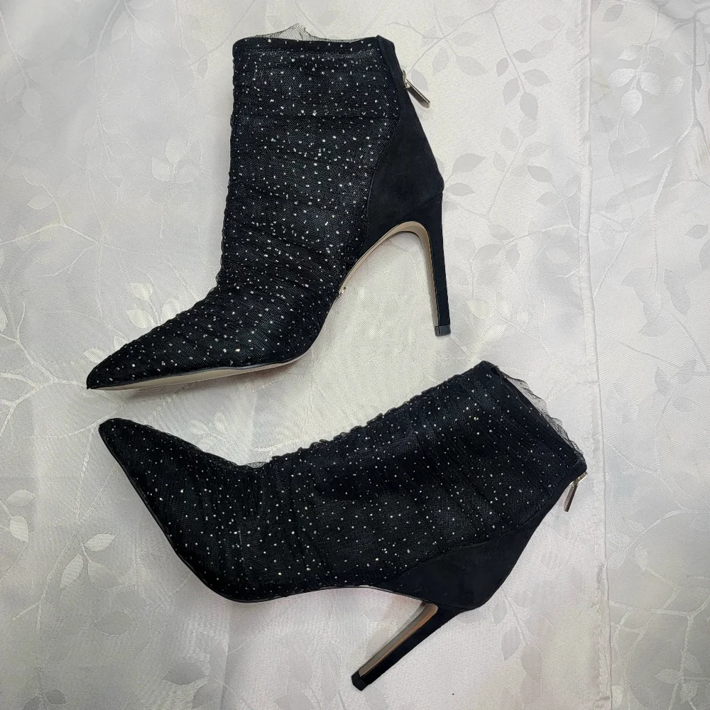 Sam Edelman Farren Glitter Mesh Tulle Pointed Toe Stiletto Heeled Ankle Booties‎